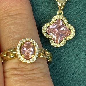 Elegant Gold & Pink Gemstone Ring & Necklace Set 16-18” and Sz 9 Ring